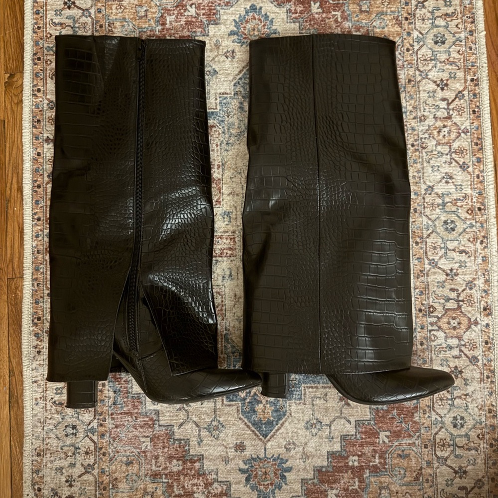 Black Croc-Embossed Knee-High Boots (Worn Once)